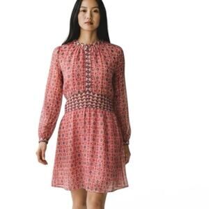 LOFT Geometric Womens Size Medium Semi Sheer Long Sleeve Dress Orange Pink Boho